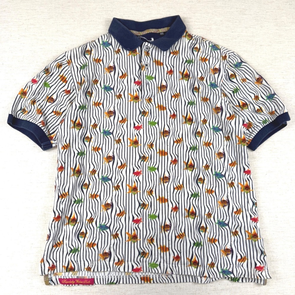 Robert Graham Mens Fish Print Polo Shirt White Navy Blue Short Sleeve Size M